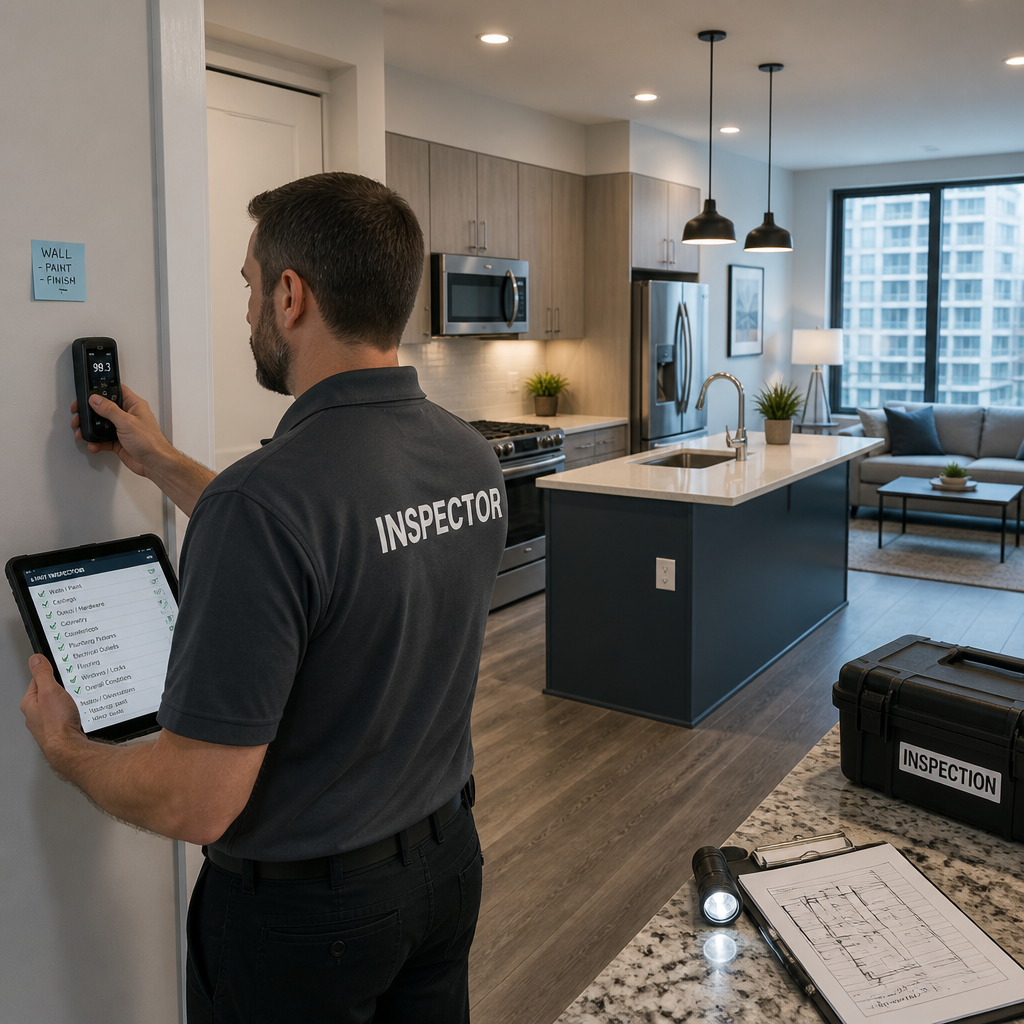 Inspector examining interior apartment finishes and build quality standards