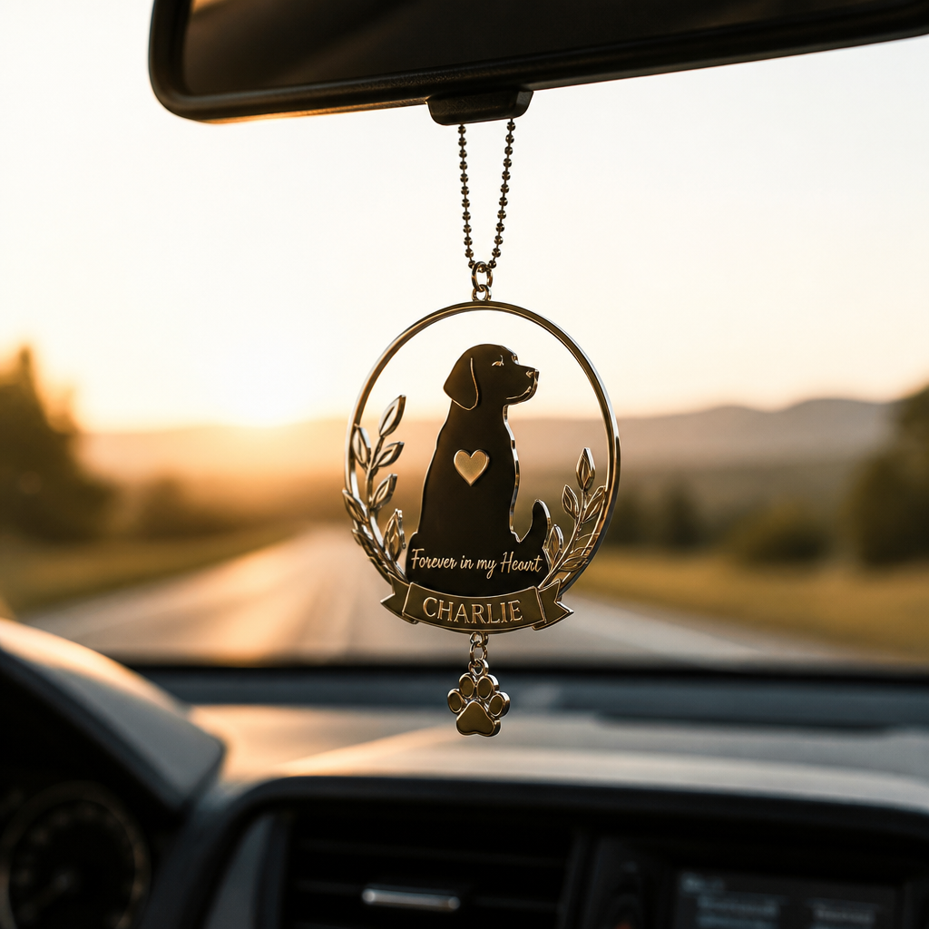 Pet memorial car ornament hanging from rearview mirror in morning light