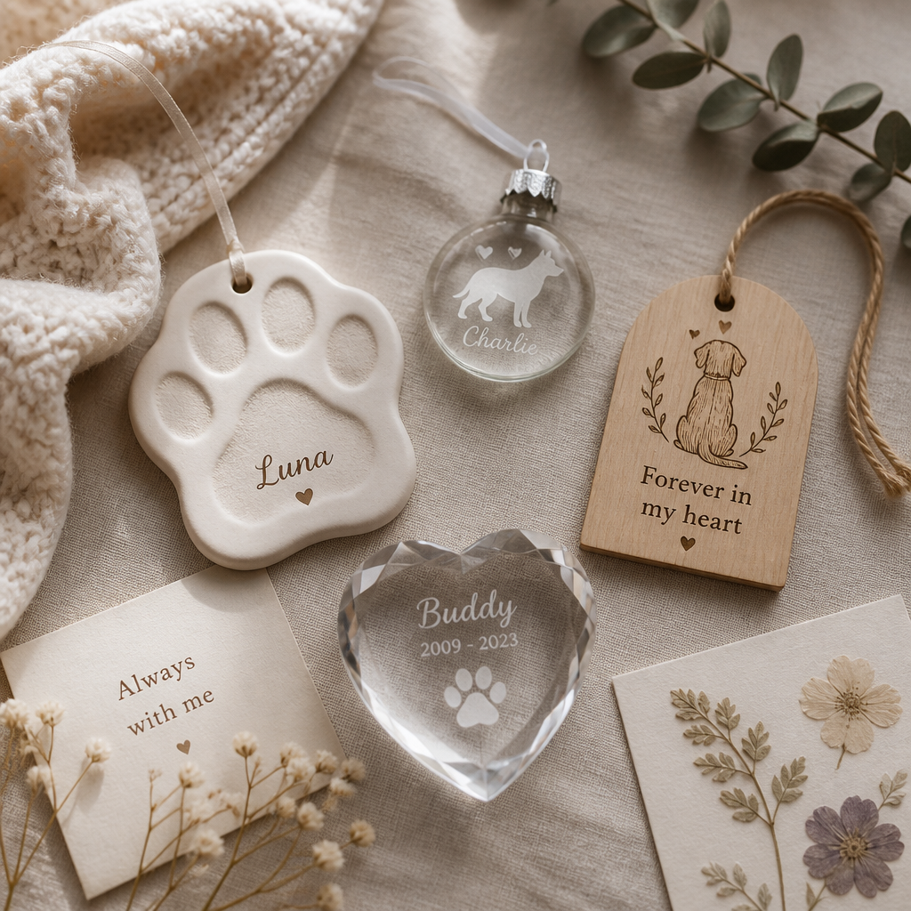 Collection of different pet memorial ornament styles arranged on neutral background