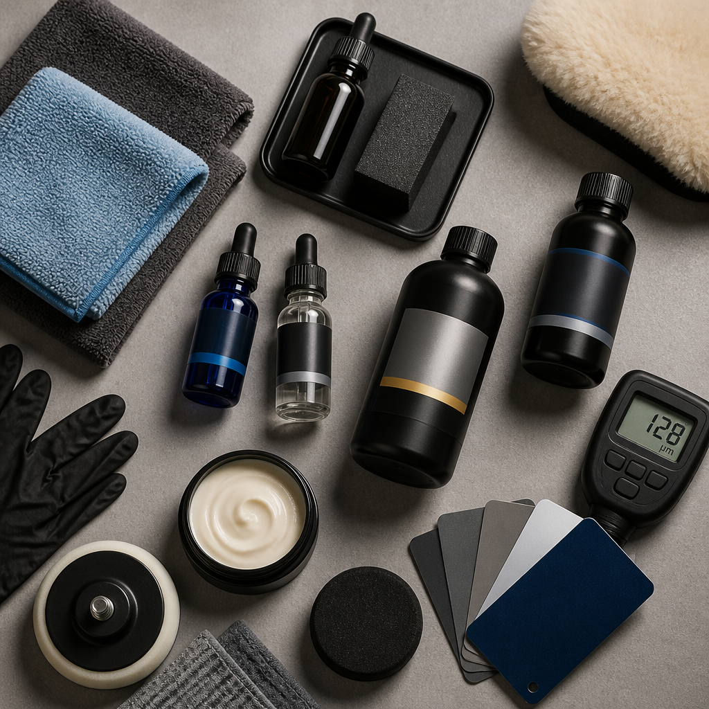 Detailing tools and protective coating materials arranged on a workspace