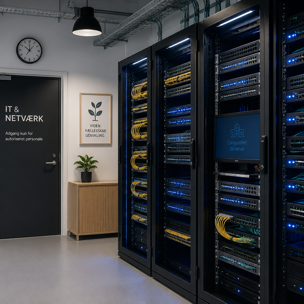 Organiseret serverrumsinfrastruktur med netværksudstyr og kabelstyring