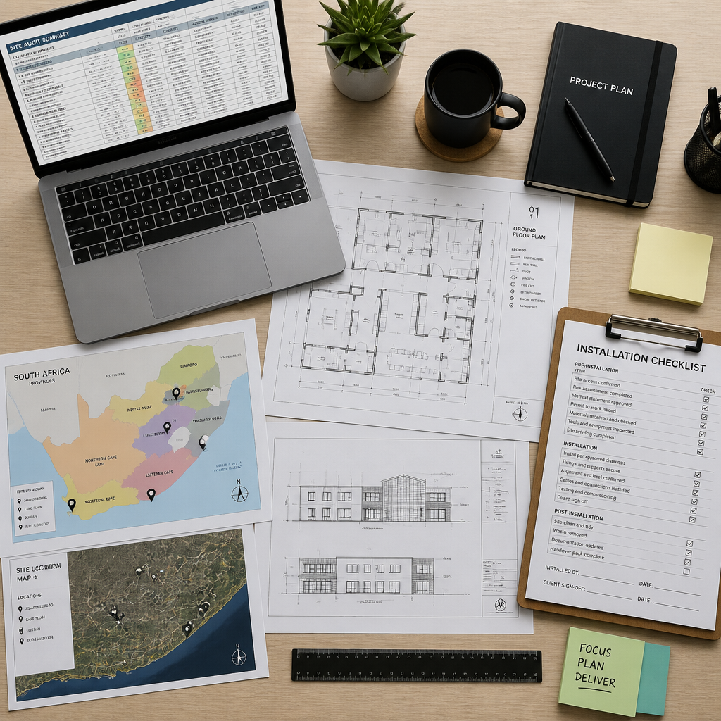 Project management workspace with site audit documents and franchise location maps