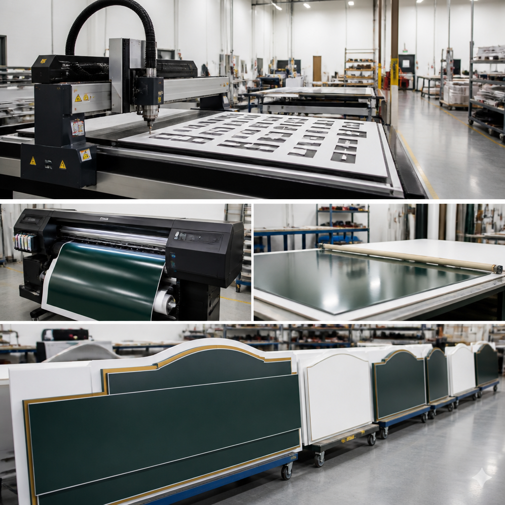 Signage fabrication workshop with printing and manufacturing equipment
