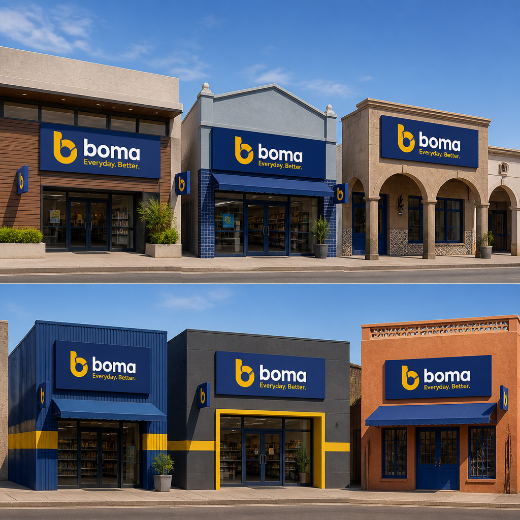 Multiple retail locations displaying coordinated franchise signage across different storefronts