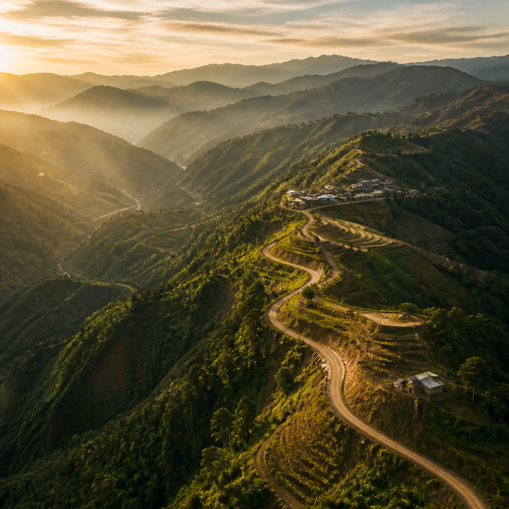 Mountainous rural terrain with winding paths connecting remote settlements in valleys