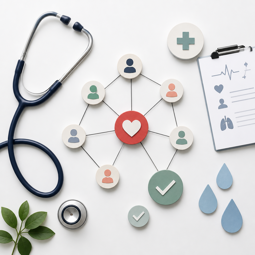 Healthcare and community connection symbols arranged in an interconnected pattern