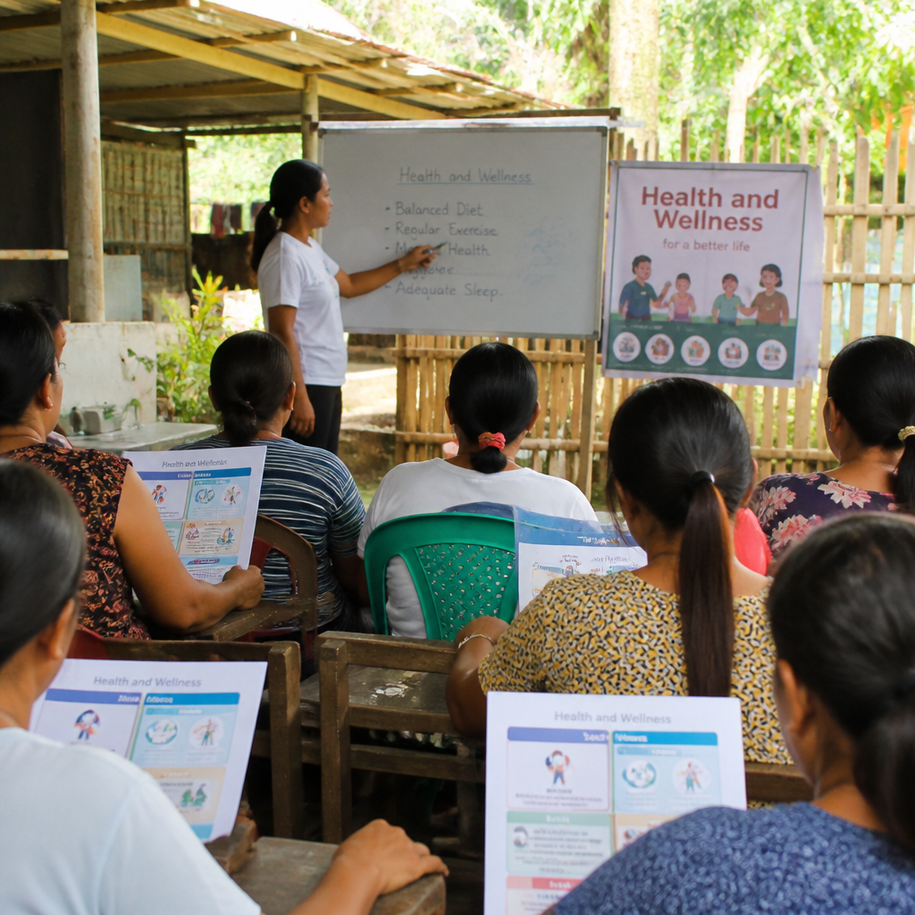 Community members engaged in a health education workshop in a rural outdoor setting