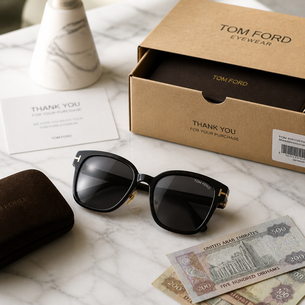 Luxury sunglasses with delivery box and UAE currency on marble surface