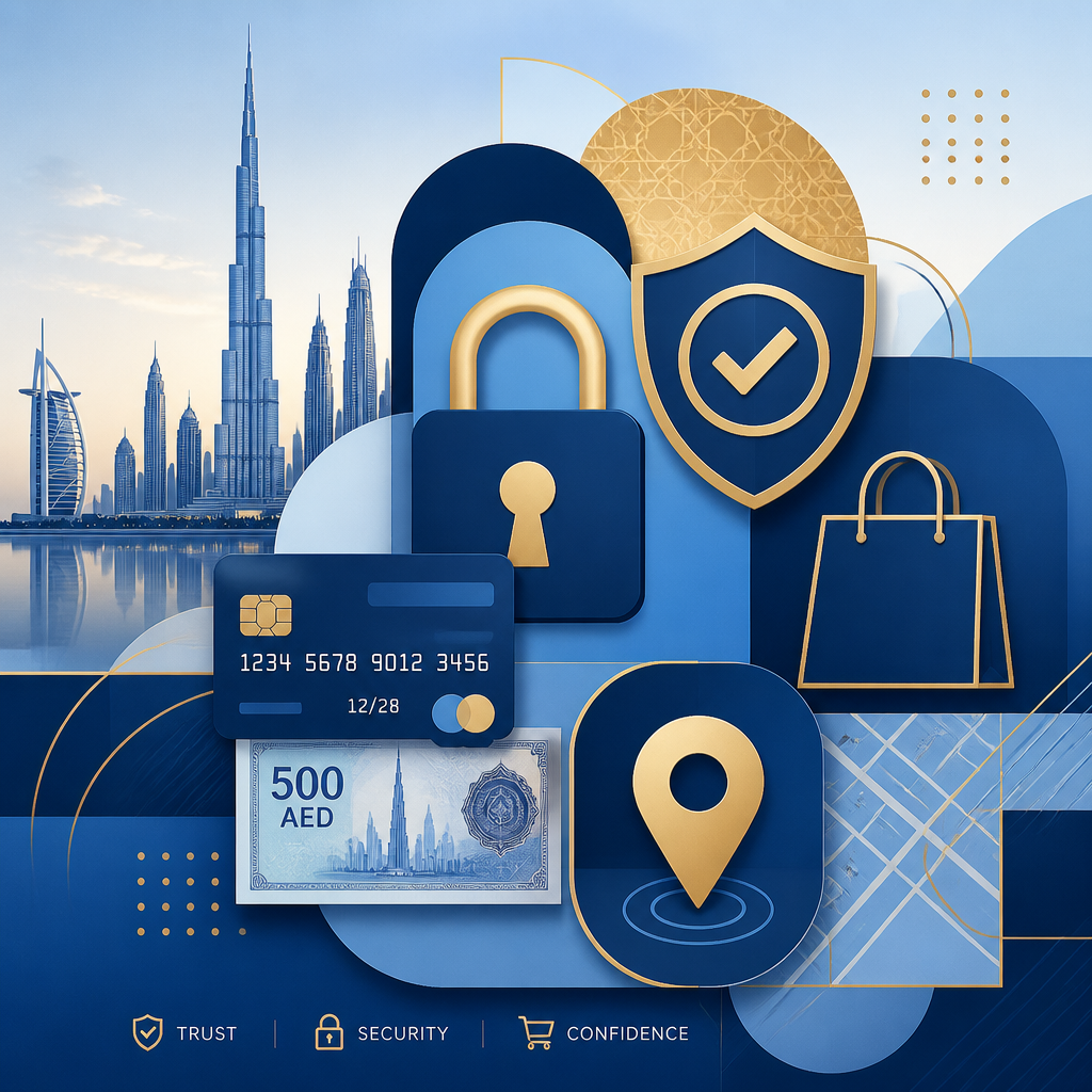 Abstract trust and security symbols in e-commerce themed illustration