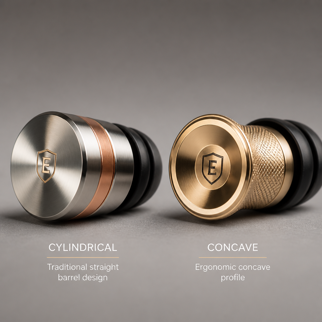 Two premium metal earplugs displayed side-by-side showing different body designs