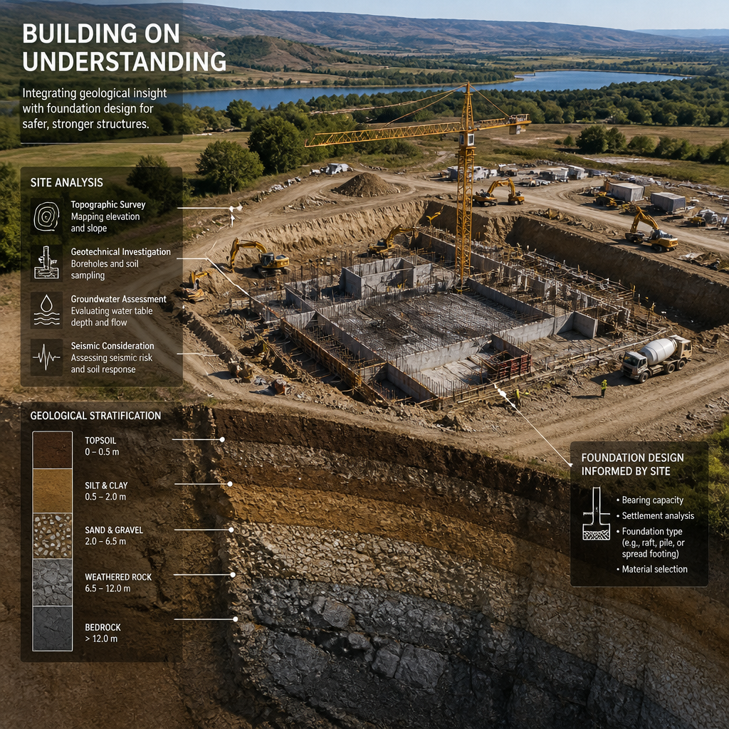 Vue aérienne d'un chantier de construction montrant l'analyse du terrain et les couches géologiques