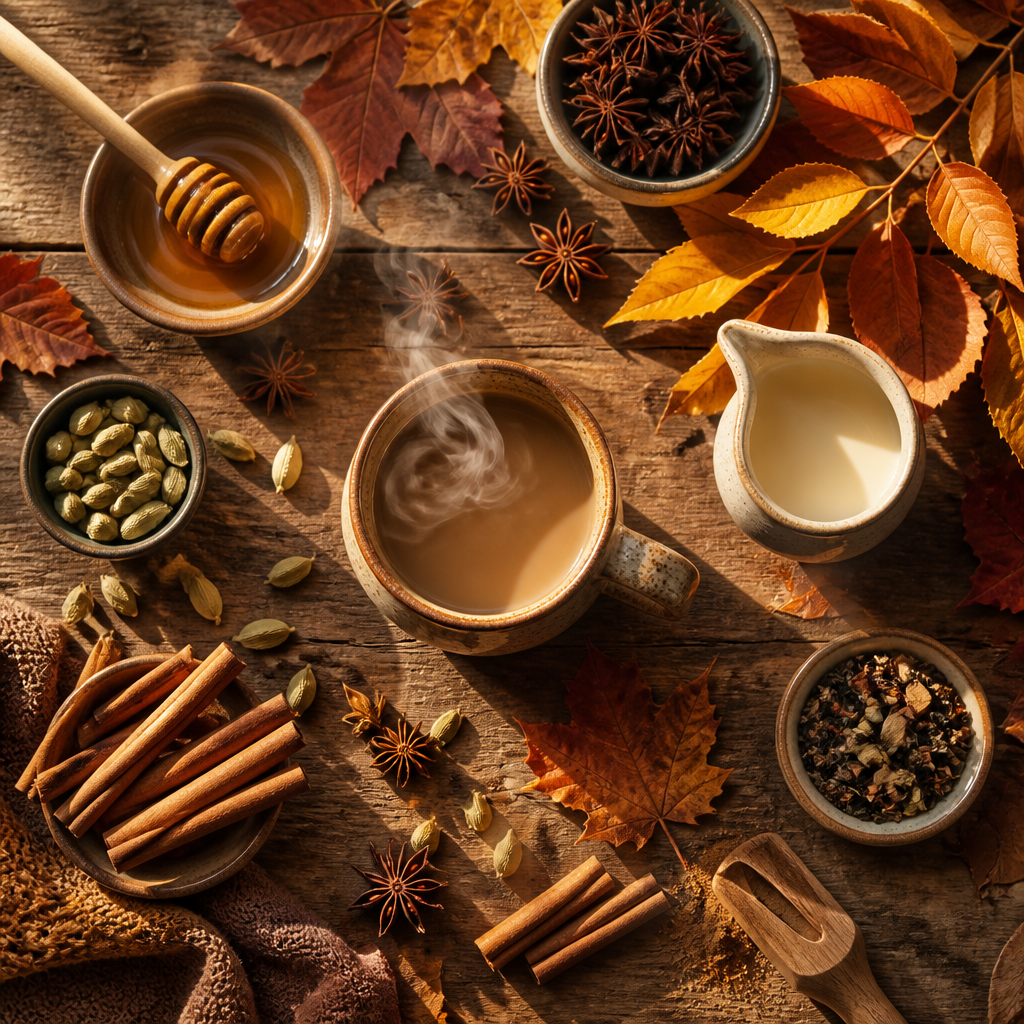 Autumn coffee ingredients including whole spices, honey, and warm beverages arranged on a wooden surface