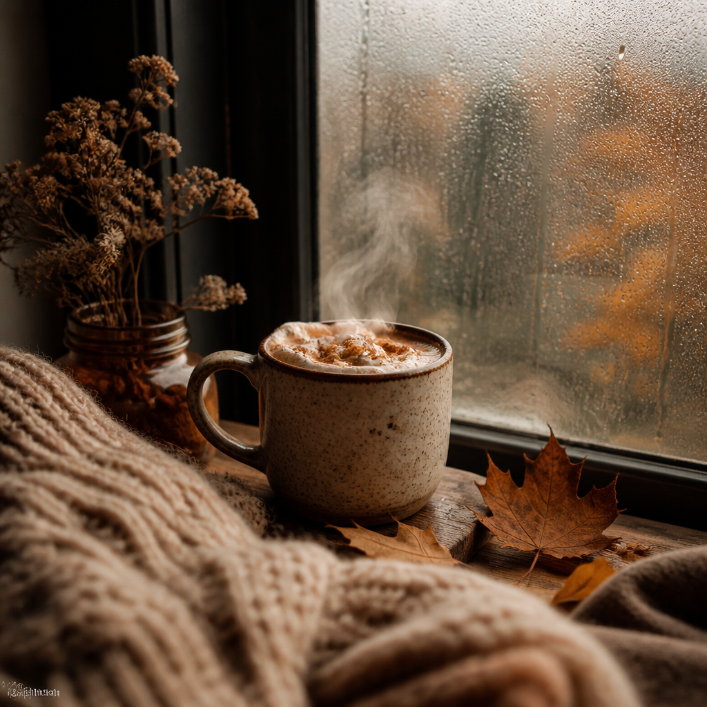 Steaming mug placed by a window on an autumn morning with cozy textiles nearby