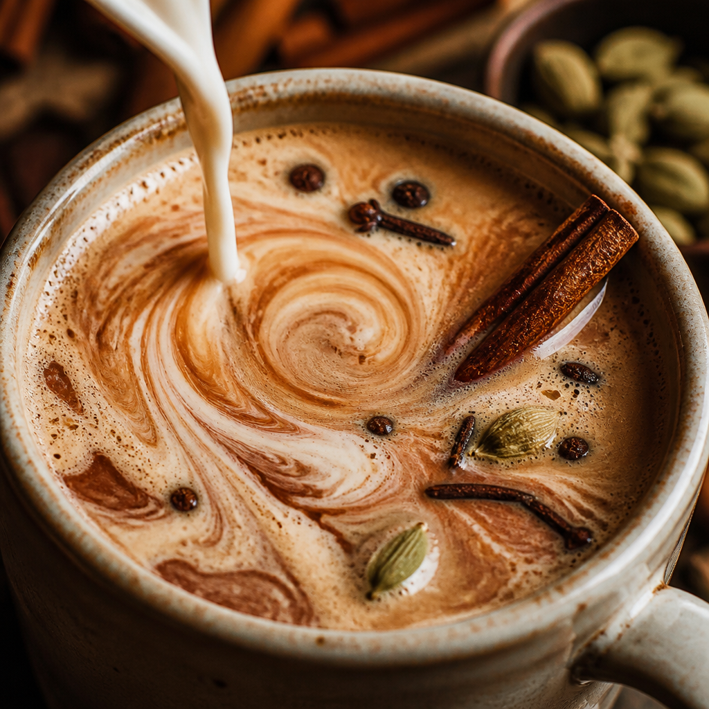 Pouring spiced autumn beverage into a mug with visible whole spices and creamy swirl