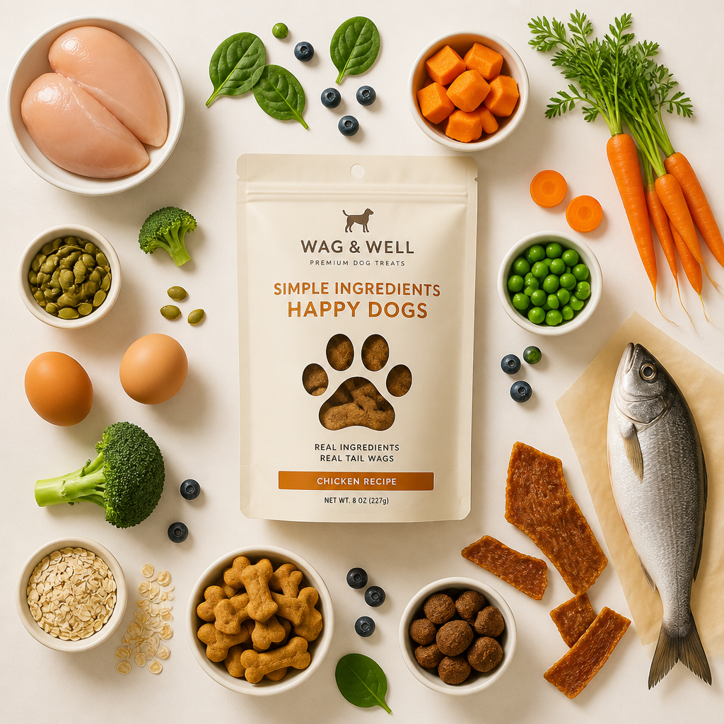 Assorted high-quality dog treats and whole protein ingredients arranged in a flat-lay composition
