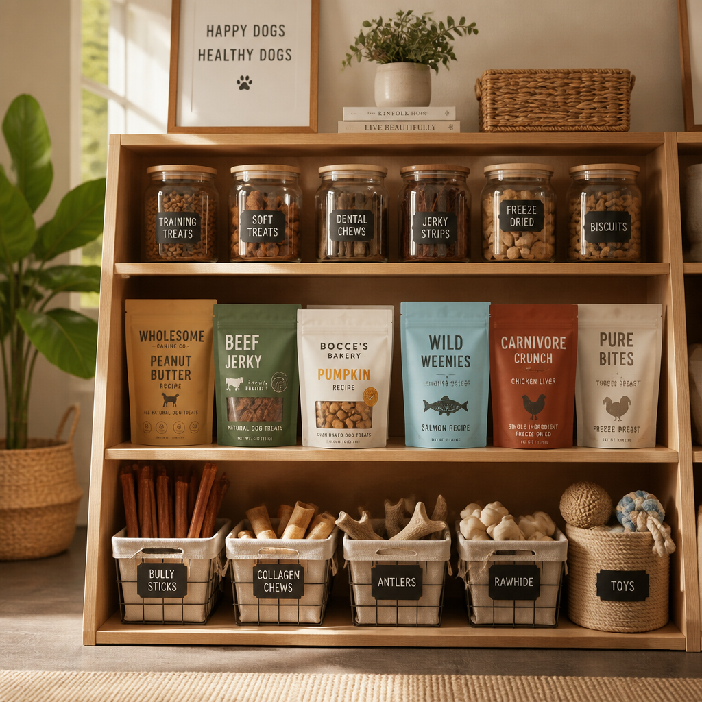 Curated selection of dog treats displayed on a shelf showing variety in treat types and quality options