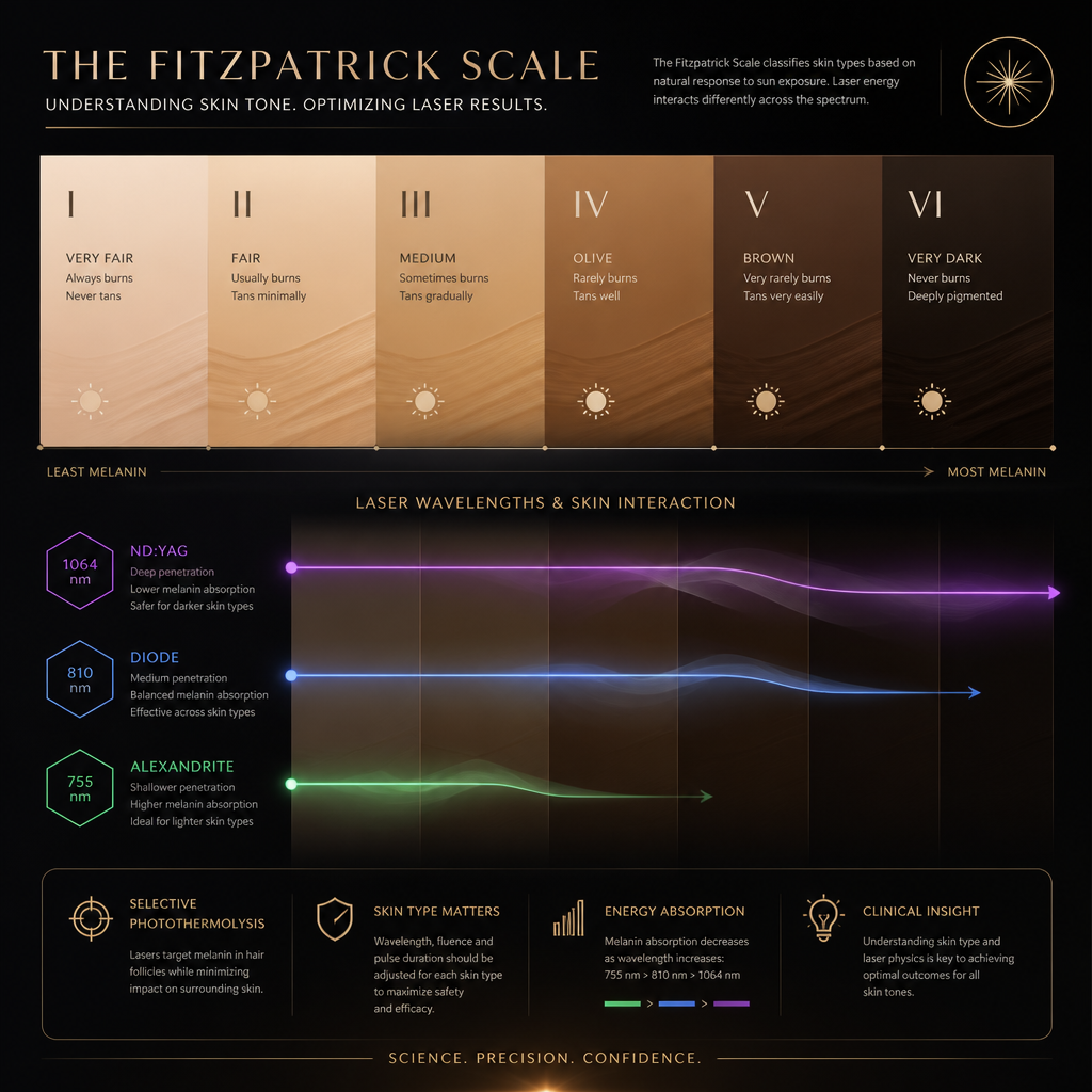 Visual representation of skin tone classification and laser technology compatibility