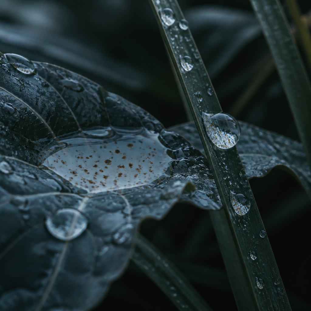 Macro detail of standing water on leaves and grass, illustrating mosquito breeding habitat
