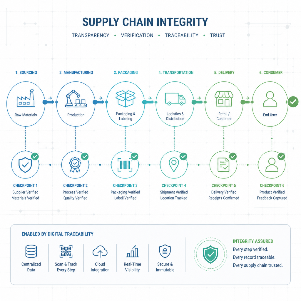 Abstract supply chain verification flow diagram with interconnected geometric elements