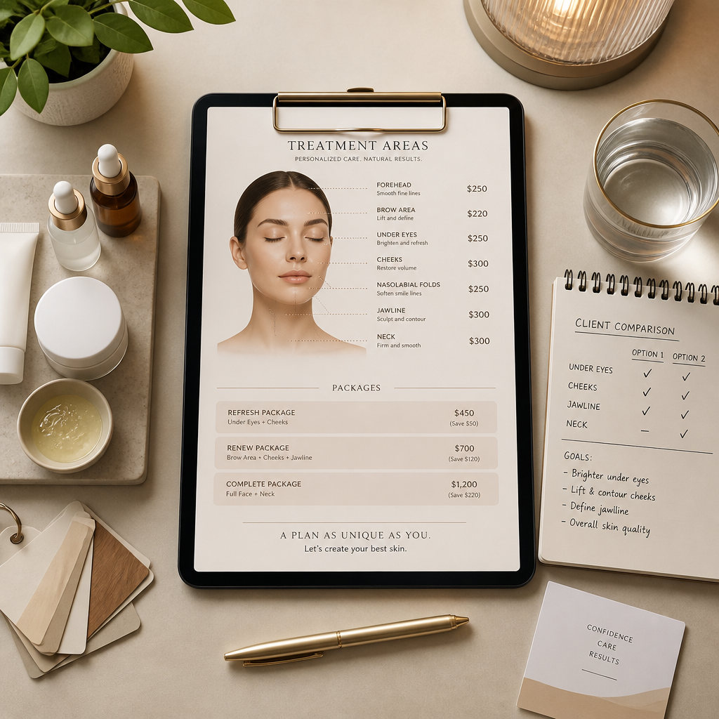 Modern clinic workspace with consultation materials showing laser hair removal treatment areas and pricing information