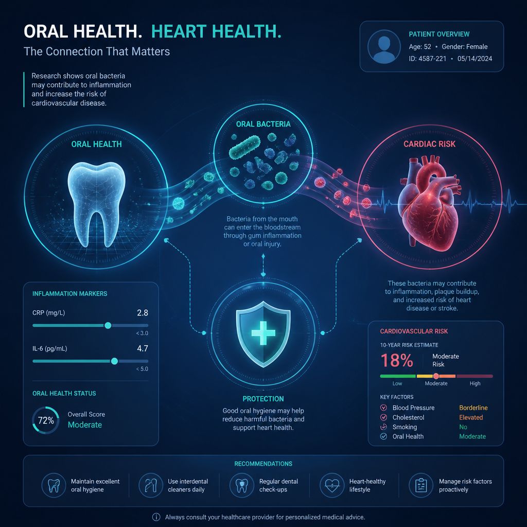 Digital health infographic connecting oral health to cardiac health through interconnected icons and data visualization