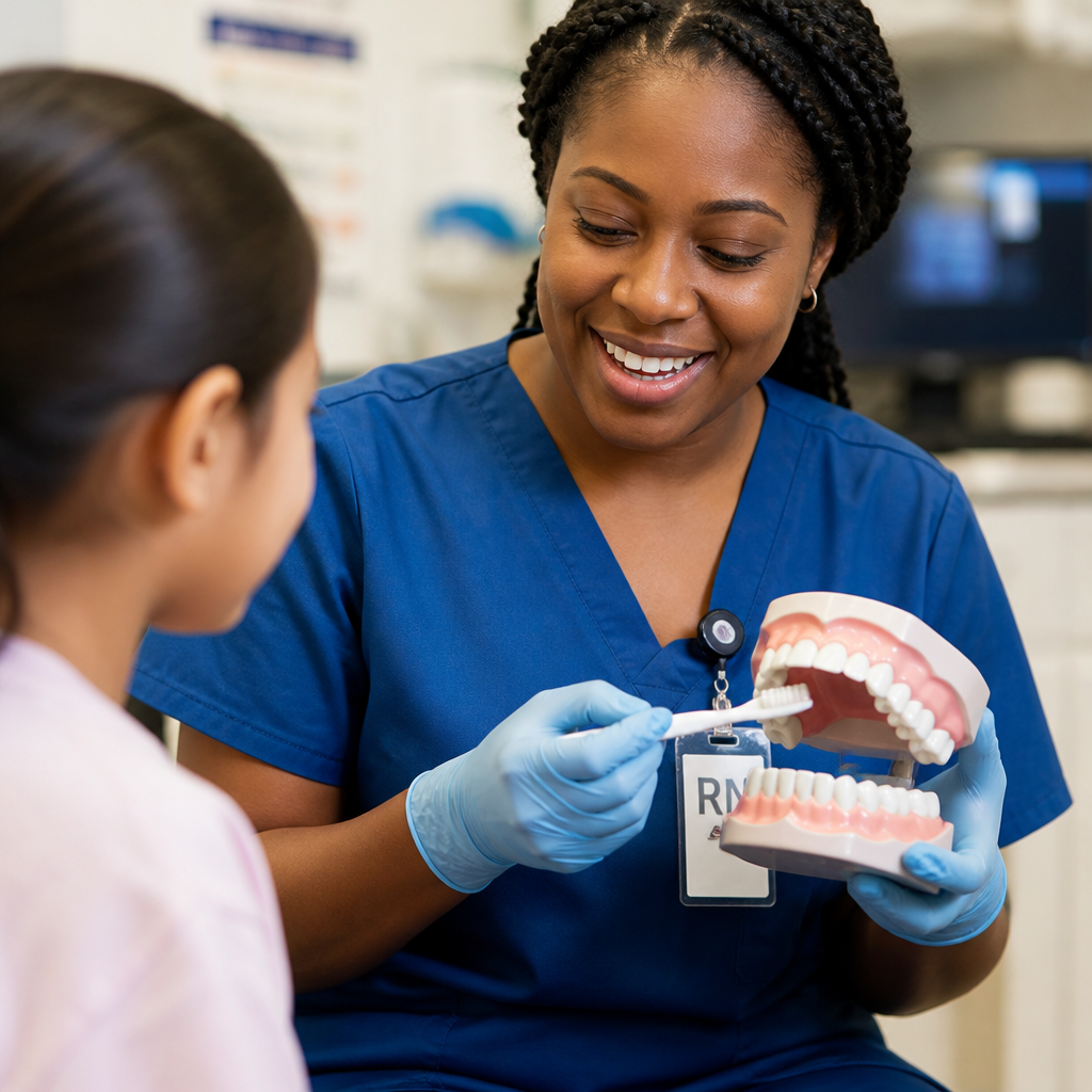 Healthcare professional demonstrating oral care guidance in a pediatric medical setting with educational materials