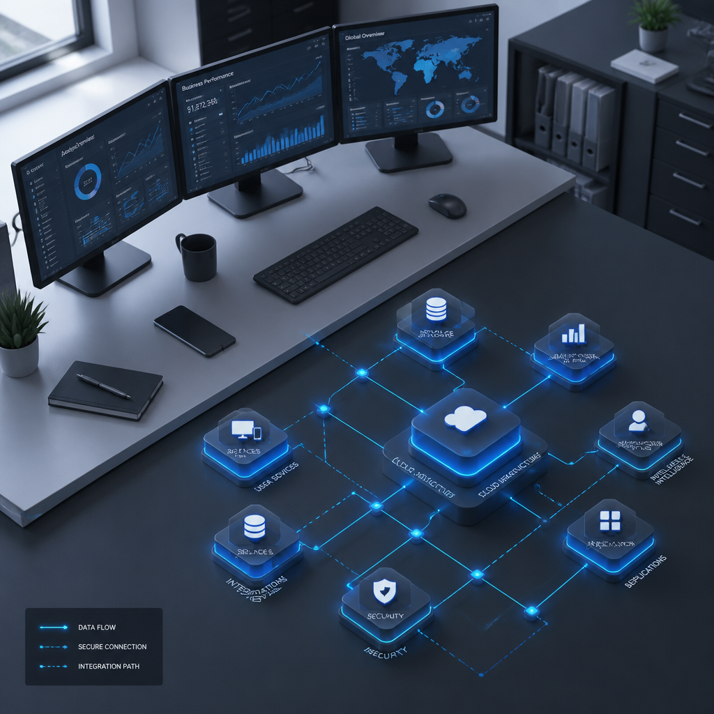 Digital workspace showing IT infrastructure and network management dashboards