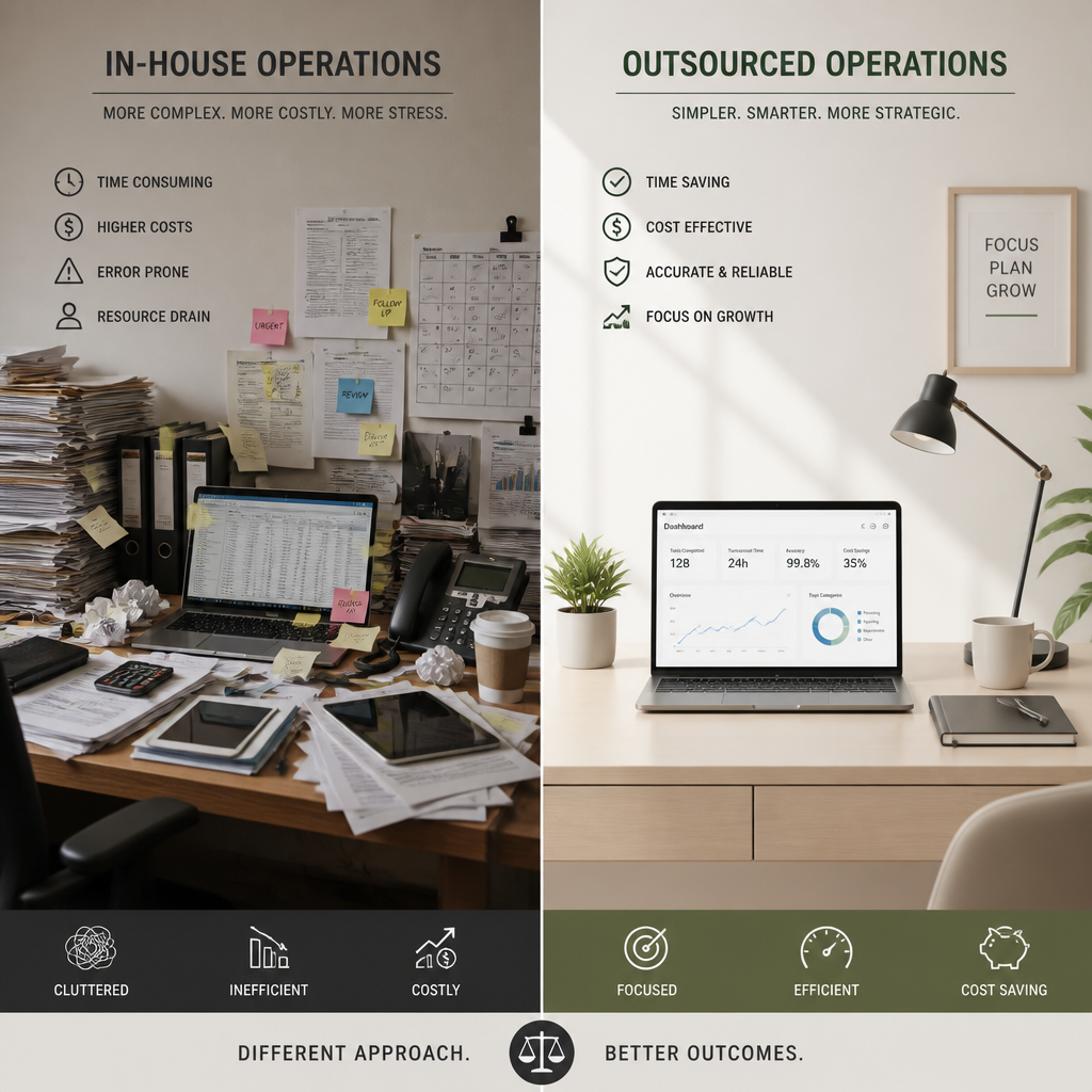 Visual contrast between disorganized in-house operations and streamlined outsourced IT model