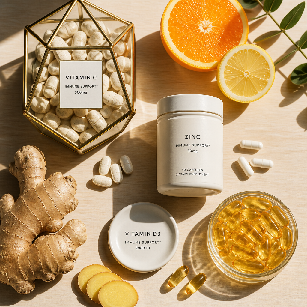 Immune support vitamins and supplements arranged in a flat lay composition with natural light