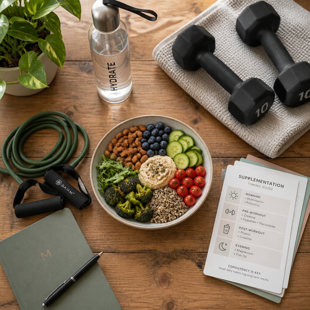 Overhead view of active lifestyle essentials including exercise equipment, hydration, and whole foods for immune support