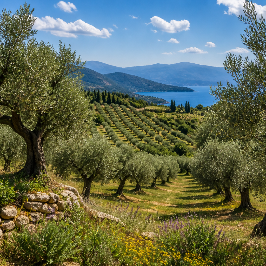 Olivar ecológico en paisaje mediterráneo con cultivo sostenible