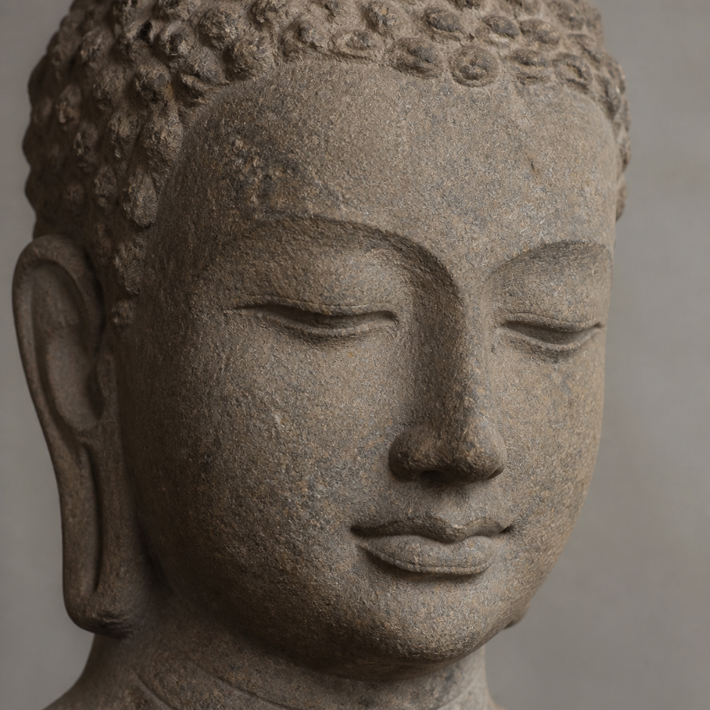 Detailed stone carving of a meditative Buddha head with refined features and natural weathering
