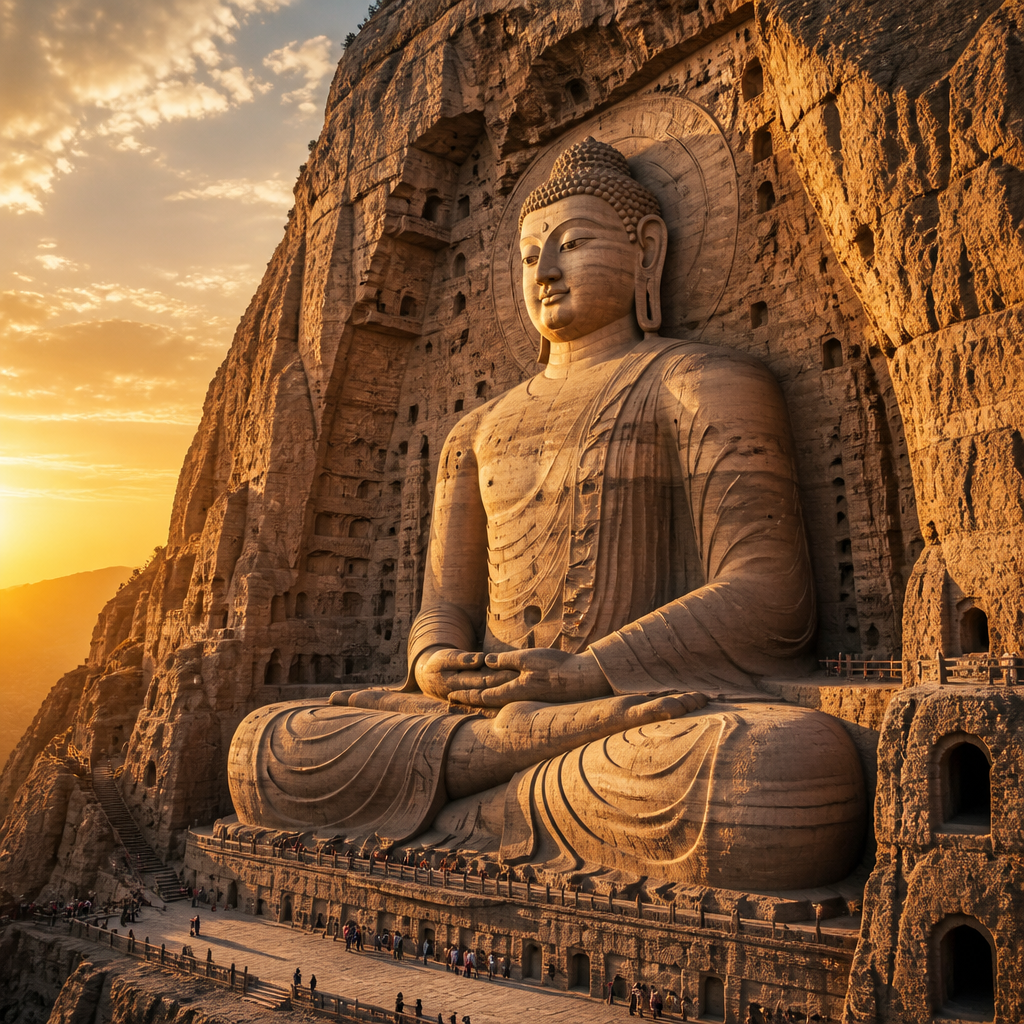 Large Buddha statue carved into rock cliff face, showing monumental scale and detailed robe treatment