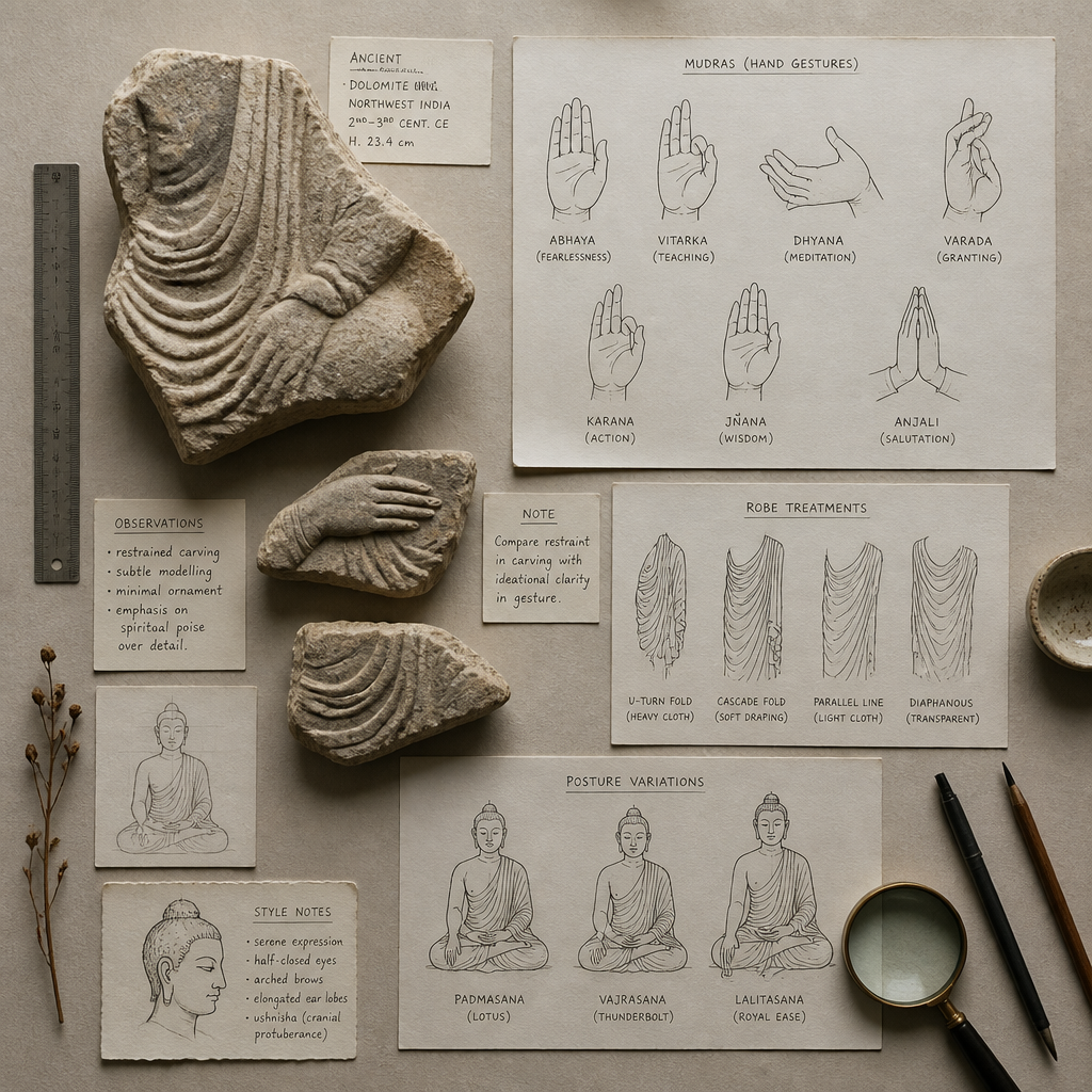Comparative study of Buddha sculpture fragments, mudras, and carving style variations