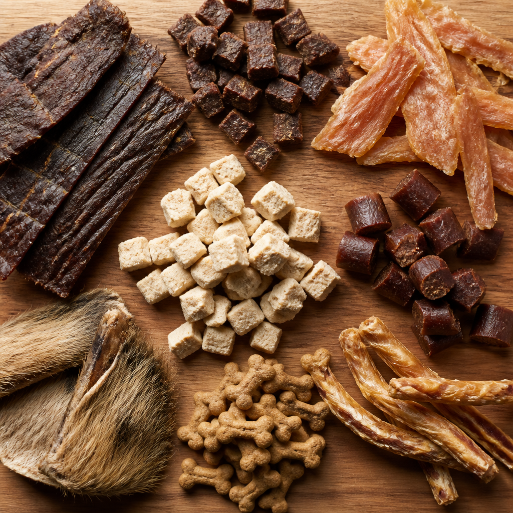 Assortment of premium dog training treats displayed on a wooden surface