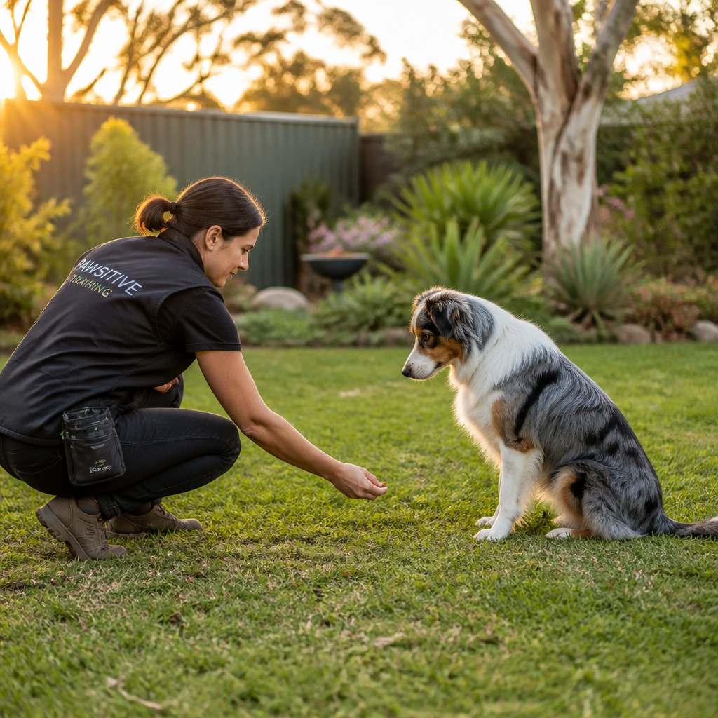 Dog training session outdoors with treat reward moment during a sit command