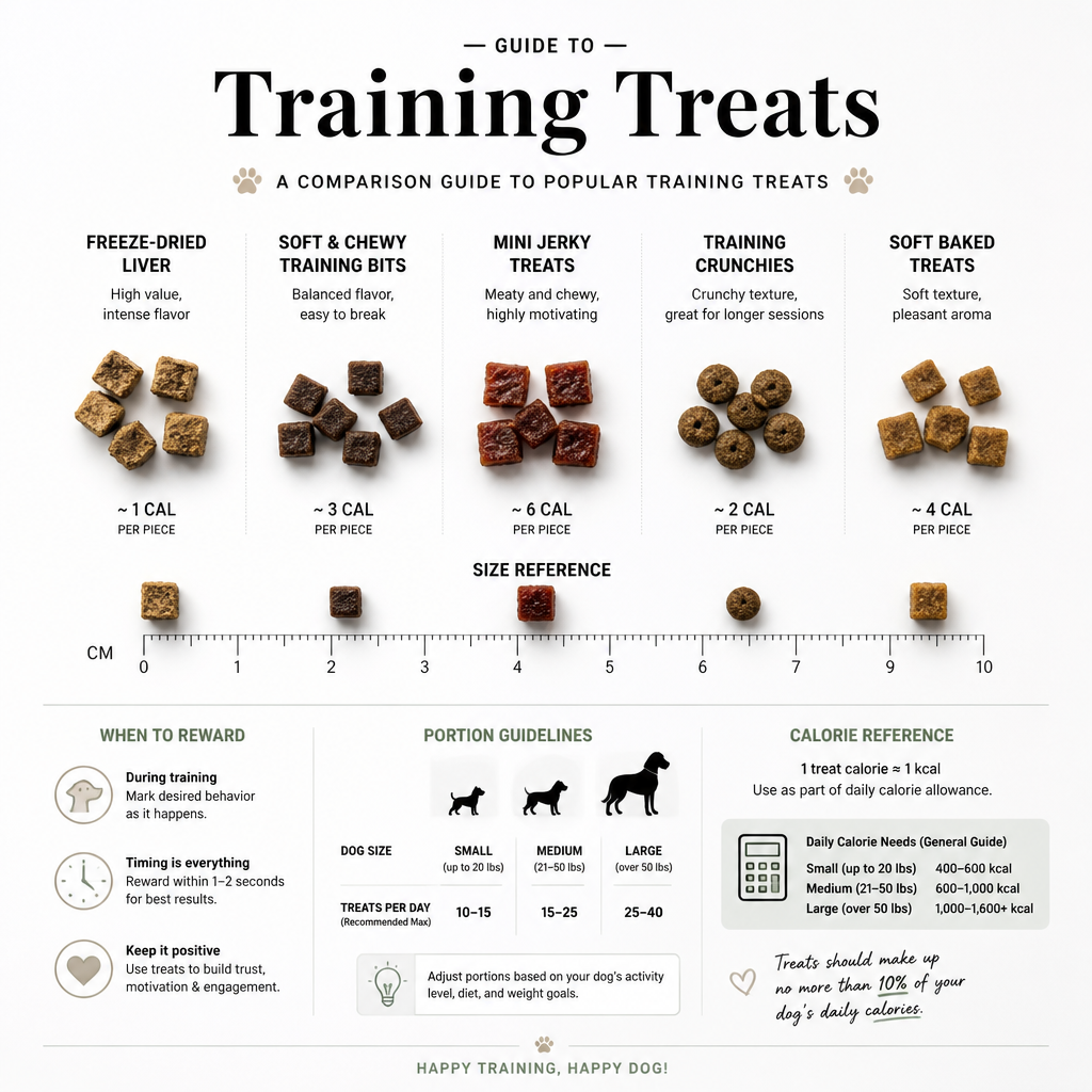 Educational guide layout showing dog training treats organized by size, calories, and timing