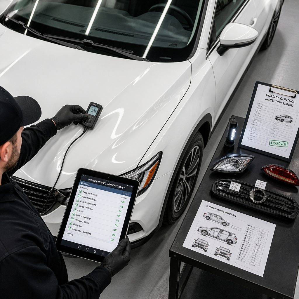 Vehicle exterior inspection with diagnostic equipment and documentation