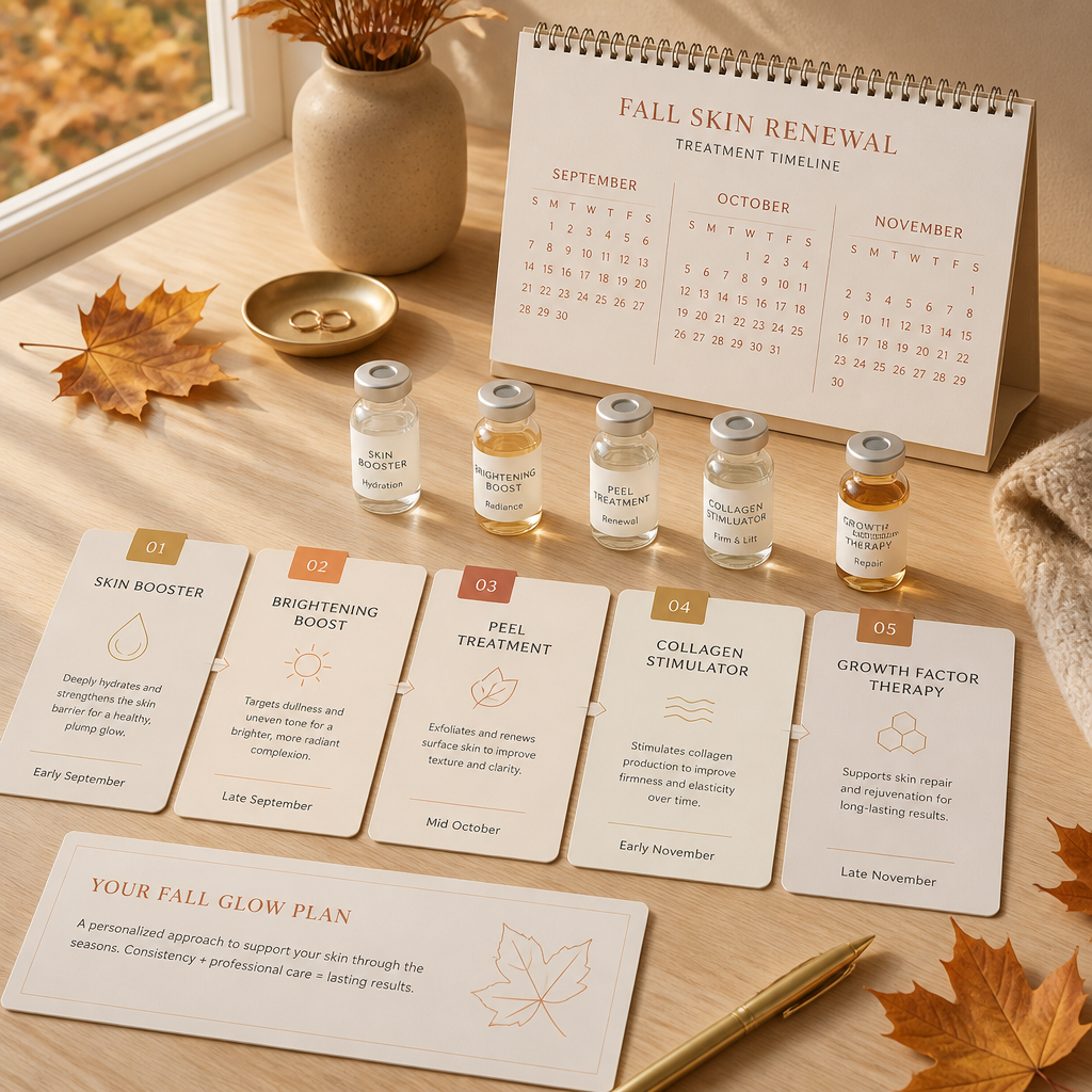 Organized fall anti-aging treatment plan timeline with layered treatment cards and seasonal elements on a workspace