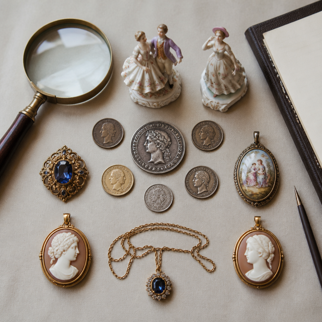 Sammlungen verkaufen Wien: Den richtigen Käufer finden 2 Vintage Sammlungen - Münzen, Porzellan und Schmuck auf Arbeitsfläche angeordnet