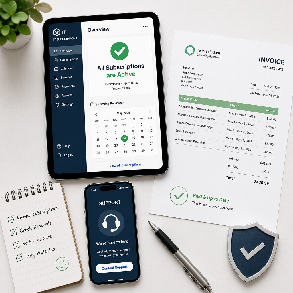 Flatlay med tablet, smartphone og servicekontrakt symboliserendeIT-abonnement