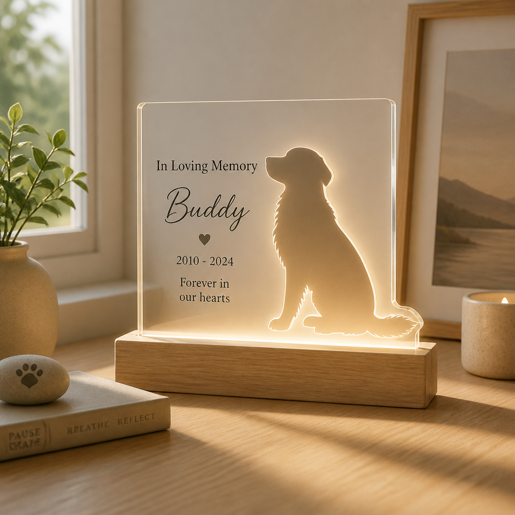 Illuminated acrylic pet memorial keepsake on a wooden surface in soft natural light