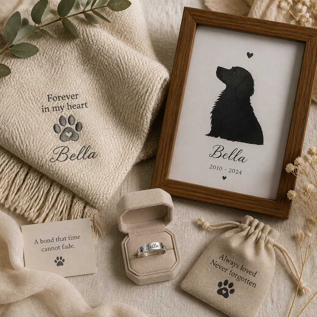 Collection of personalized pet memorial items including engraved ring, woven blanket, and framed silhouette art