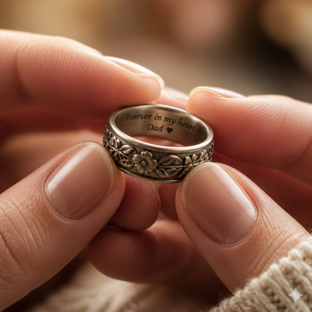 Hands holding a personalized engraved pet memorial ring in warm lighting