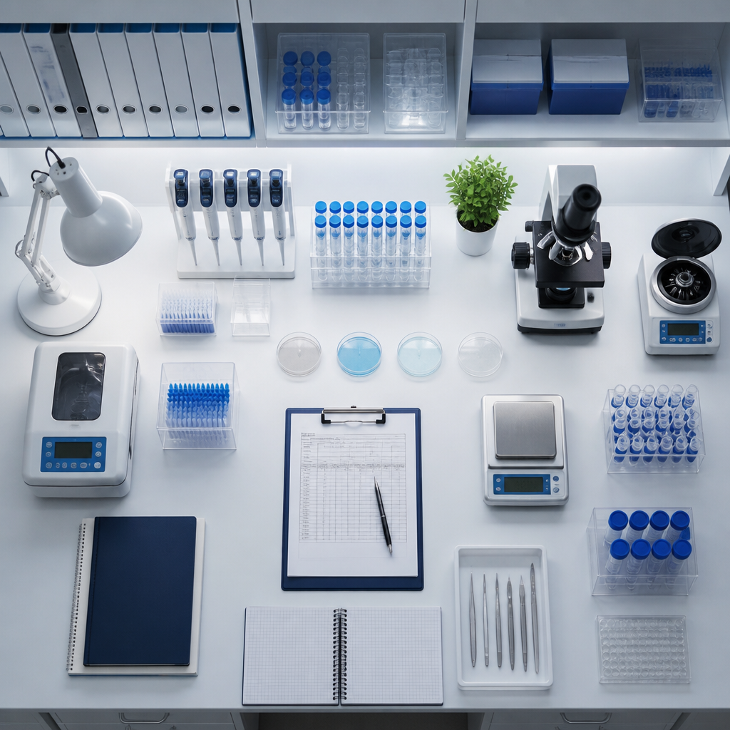 Overhead view of a professional clinical research laboratory workspace