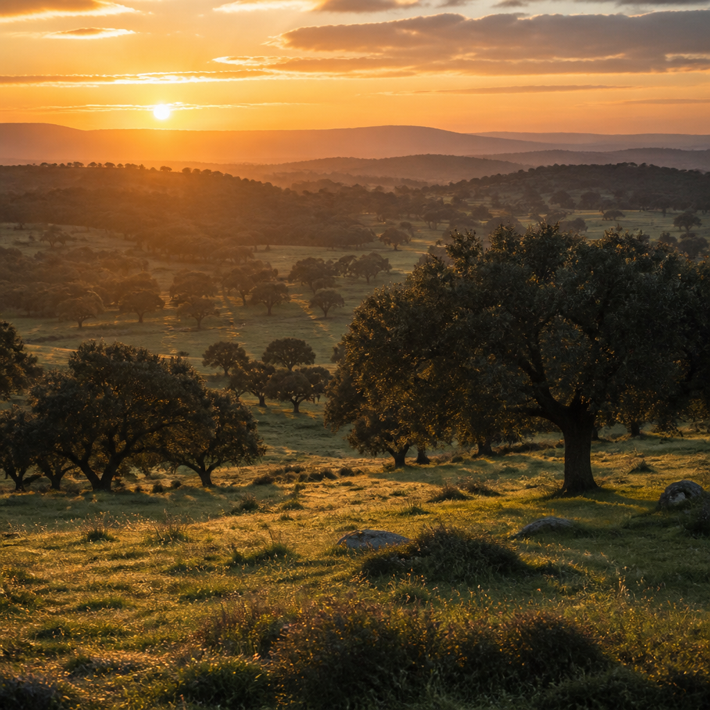 Spanish dehesa landscape at sunset showcasing the natural habitat for Iberian ham production
