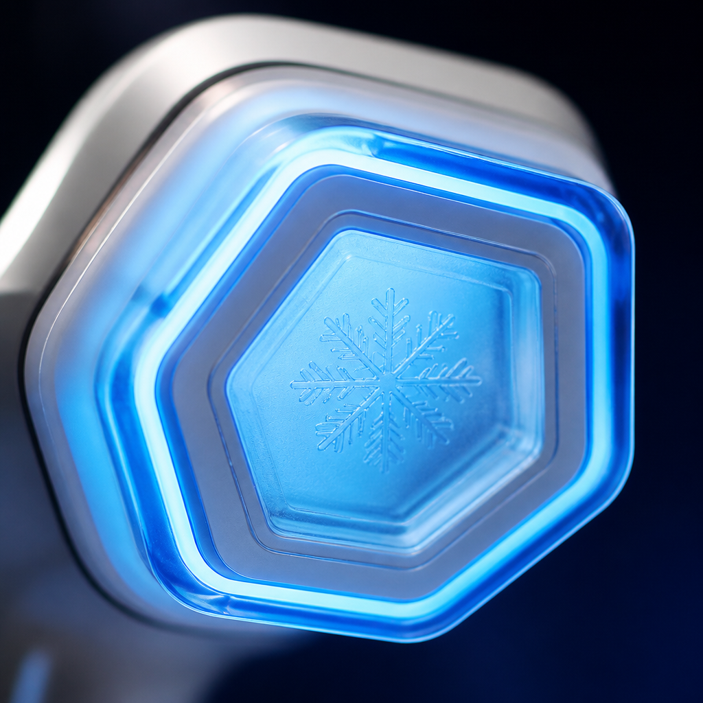 Blue and white cooling technology interface with glowing geometric patterns