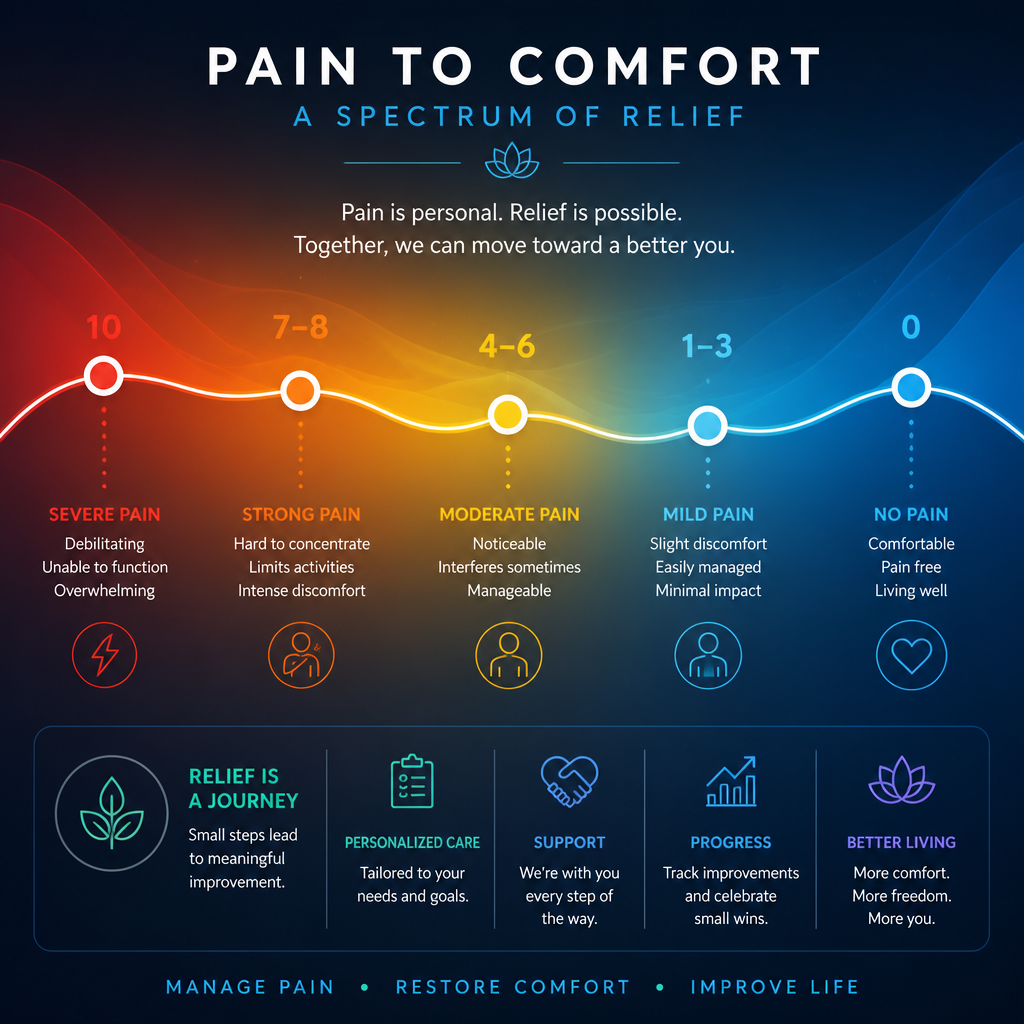 Pain scale gradient visualization with warm to cool colors and flowing lines