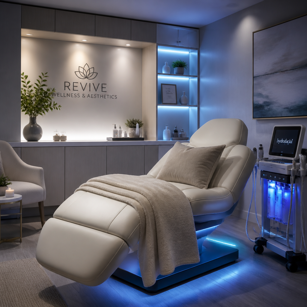 Minimalist wellness clinic interior with soft lighting and comfortable treatment space