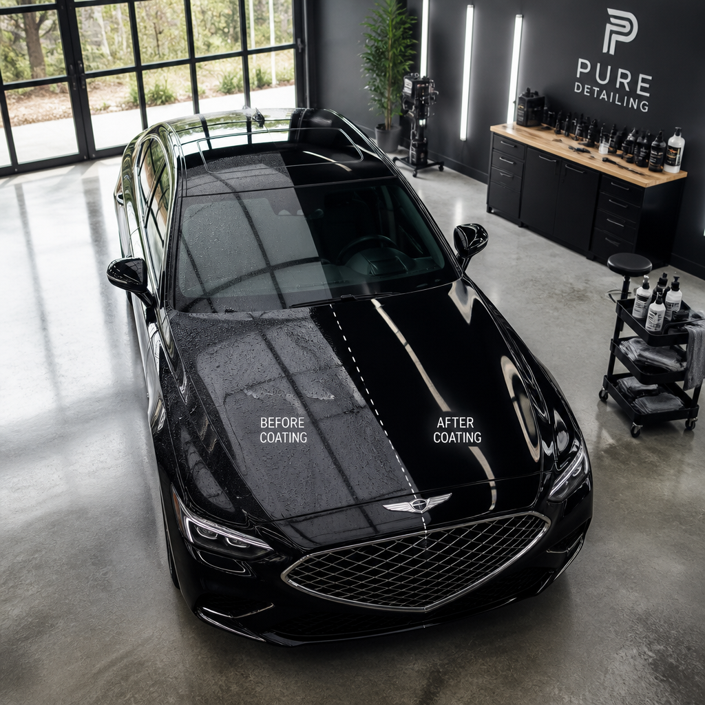 Luxury sedan in detailing bay showing ceramic coating preparation